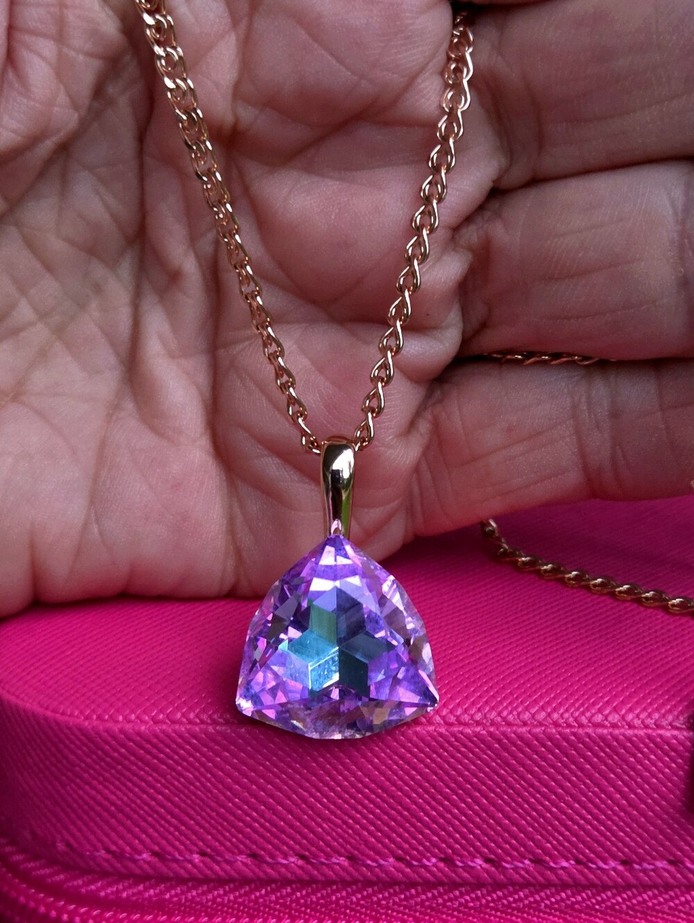 New 585 Rose Gold plate, Necklace with Multi Color,Trillion Pendant